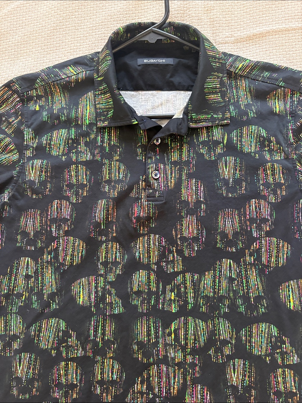 Bugatchi Black Polo with Multicolor Skull Stripe Motif - Picture 2 of 5